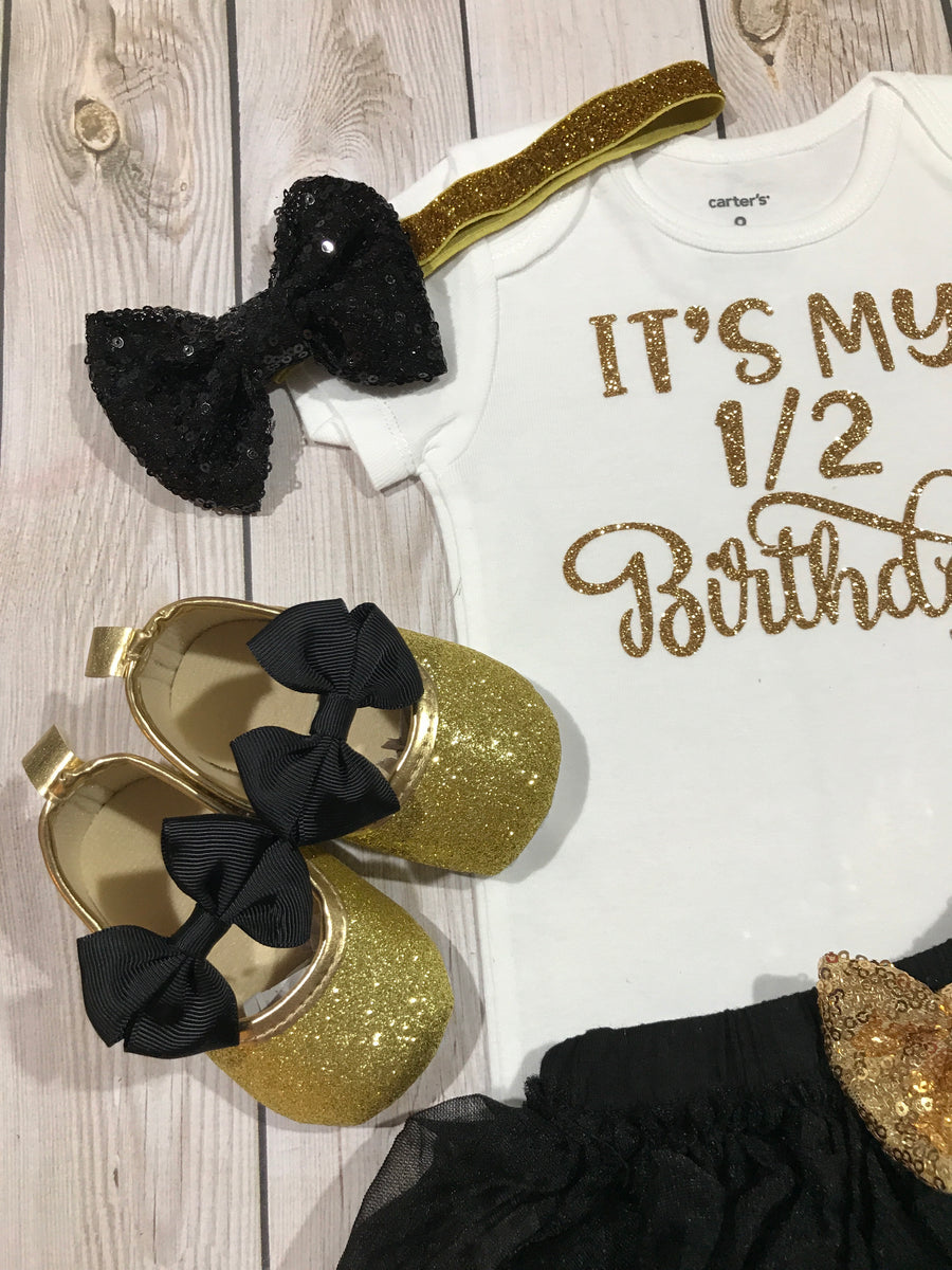 Half birthday in black and gold, 1/2 birthday girl outfit, black and g ...